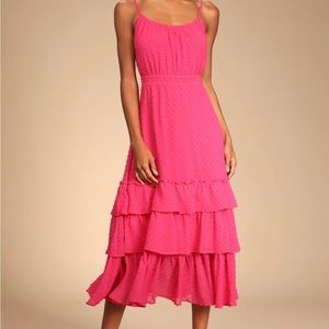 Lulus Tiers and Applause Hot Pink Swiss Dot Tie-Back Tiered Midi Dress